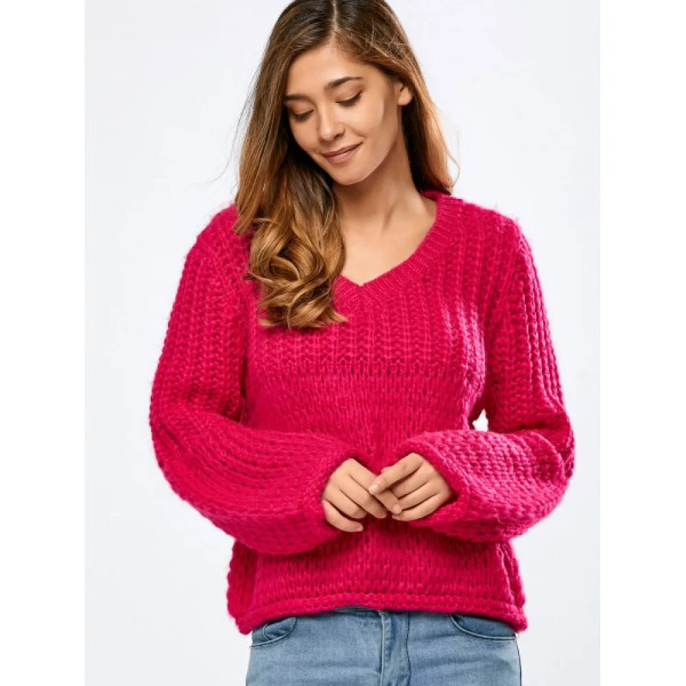 Balloon Sleeve Crochet Chunky Sweater - Rose Red One Fansmadedirect