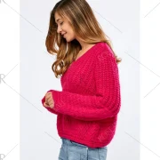 Balloon Sleeve Crochet Chunky Sweater - Rose Red One Fansmadedirect
