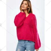 Balloon Sleeve Crochet Chunky Sweater - Rose Red One Fansmadedirect