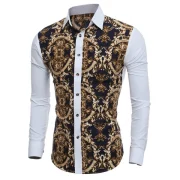 Baroque Print Long Sleeve Button Down Shirt - White Fansmadedirect