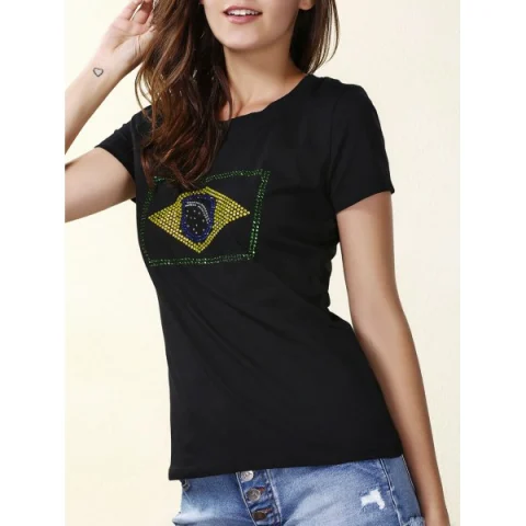 Beaded hort leeve T-hirt - Black Fansmadedirect