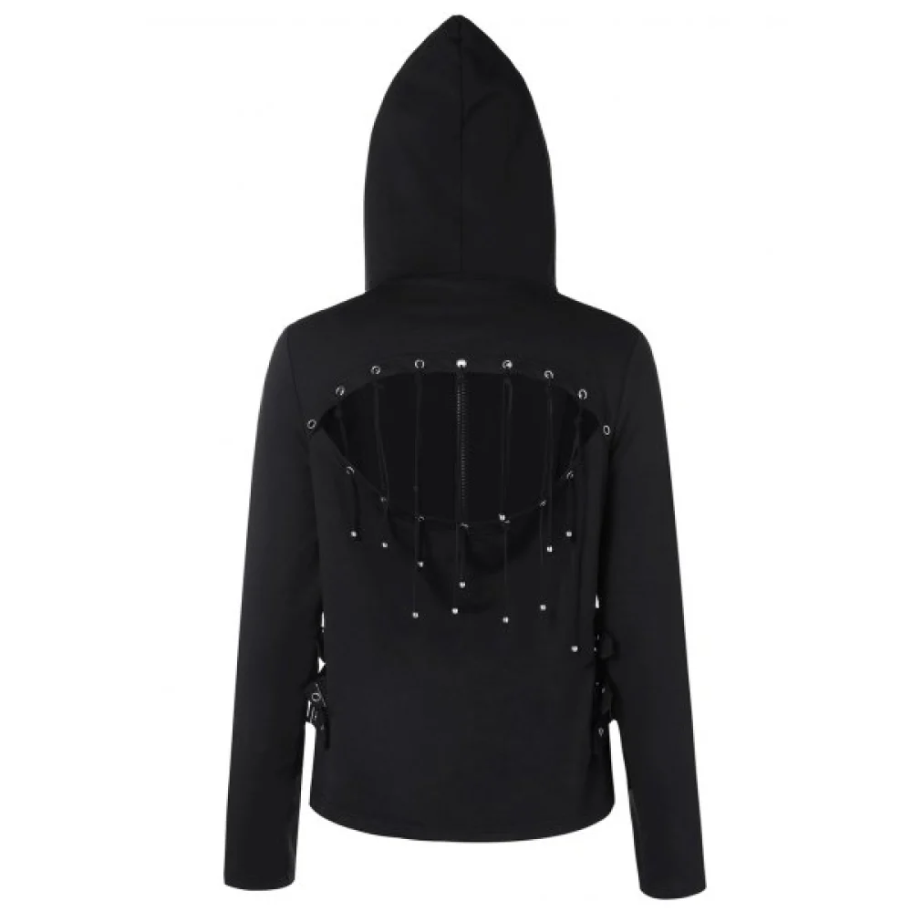 Beading Back Zip Front Hoodie - Black Fansmadedirect