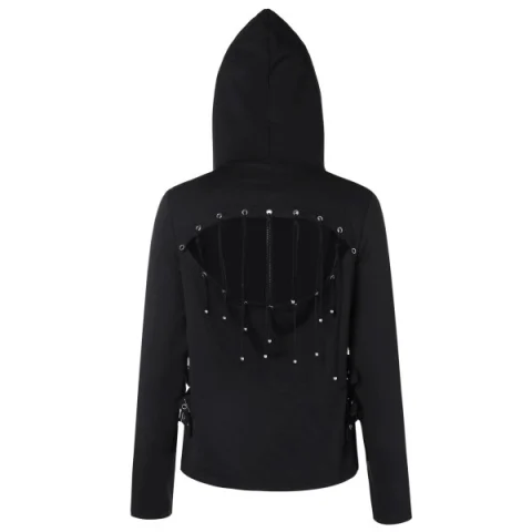 Beading Back Zip Front Hoodie - Black Fansmadedirect