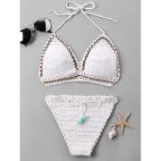 Beading Halter Crochet Bikini et - White Fansmadedirect