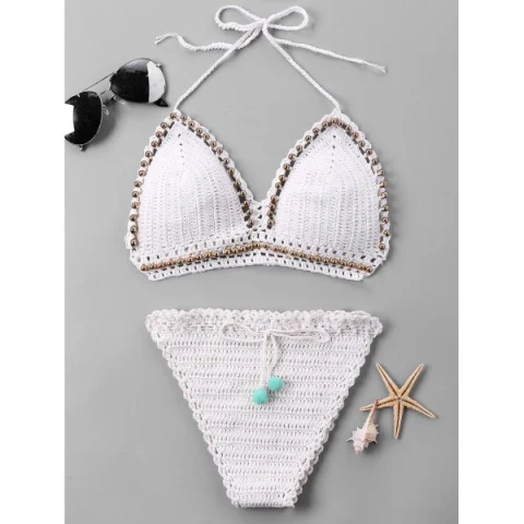 Beading Halter Crochet Bikini et - White Fansmadedirect