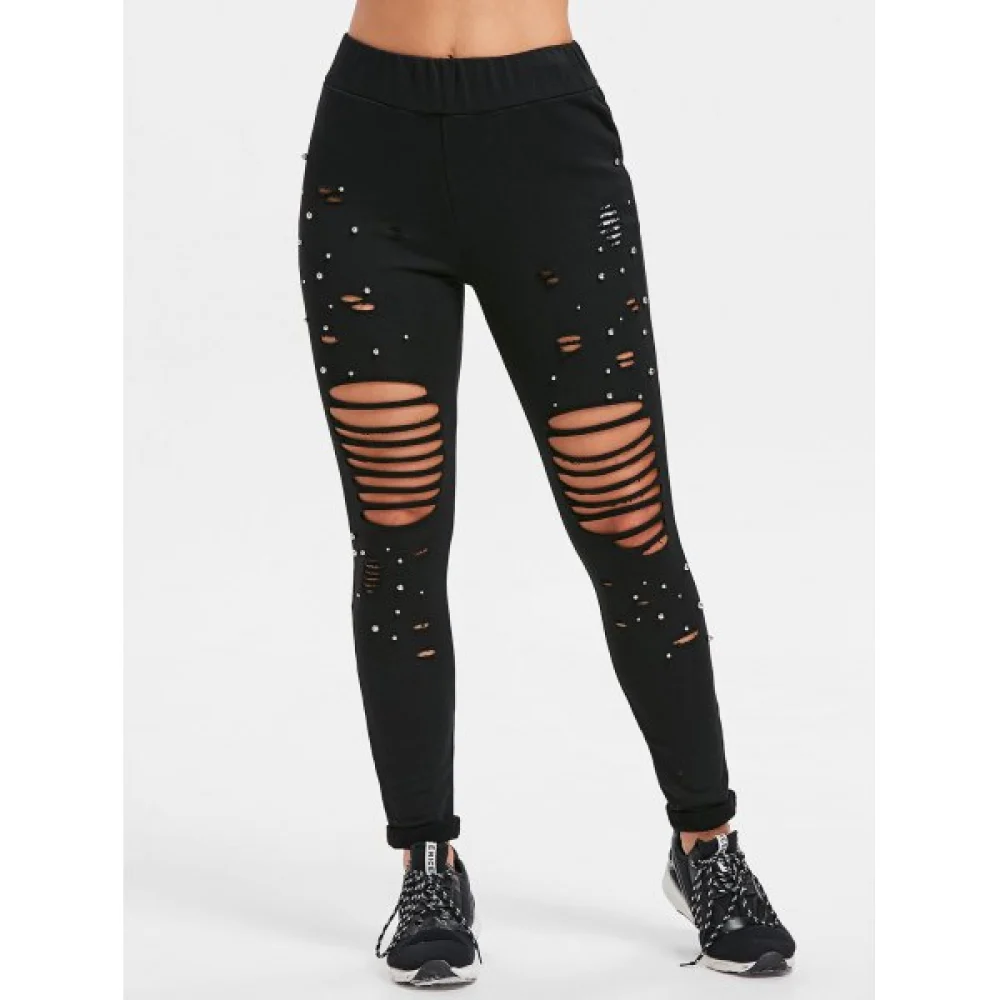 Beading Ripped Cut Out Pants - Black Fansmadedirect