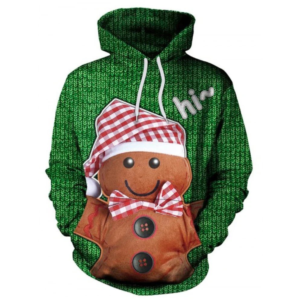Bear Christmas Cap Print Pullover Hoodie - Green Fansmadedirect