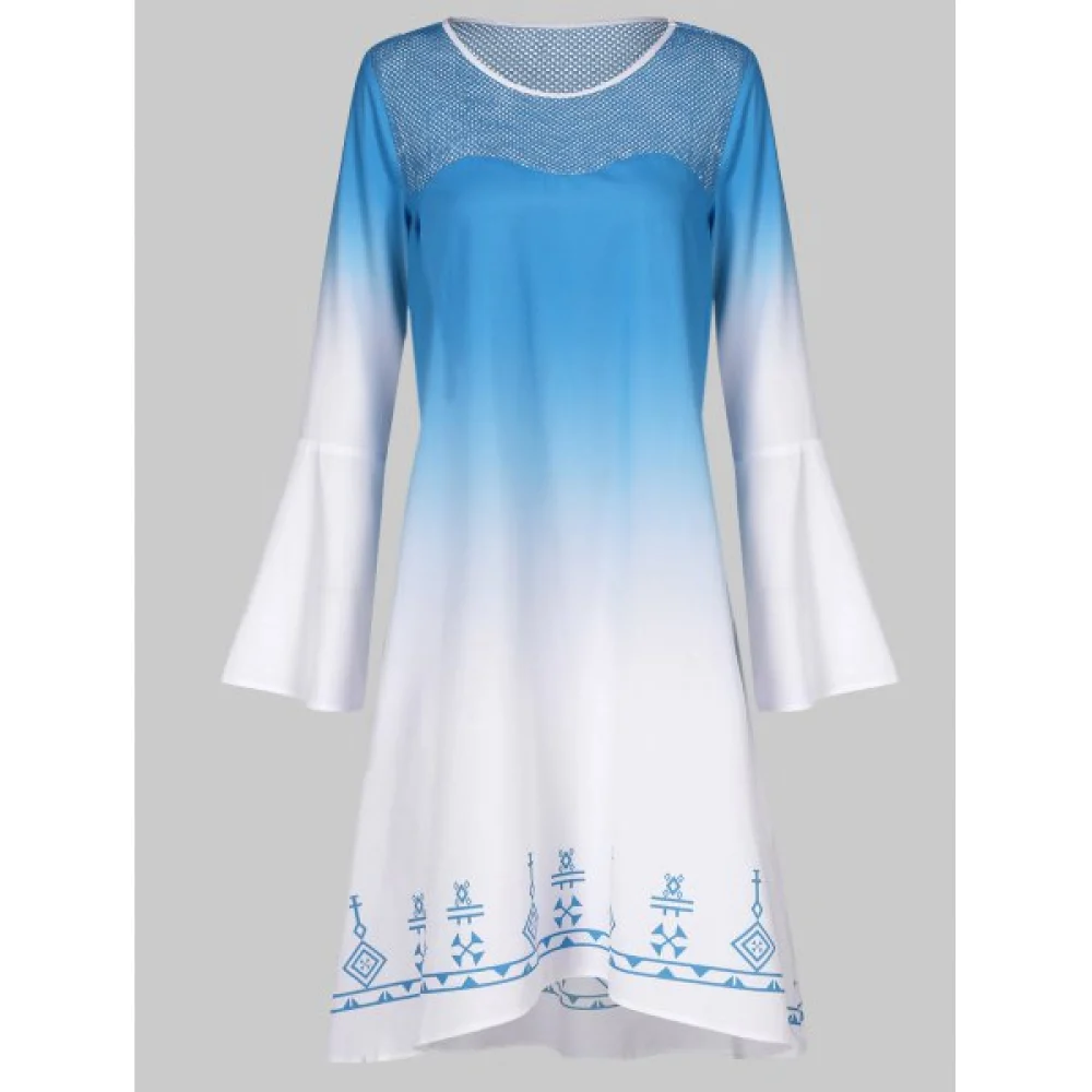 Bell Sleeve Ombre Color Dress - Deep Sky Blue Fansmadedirect