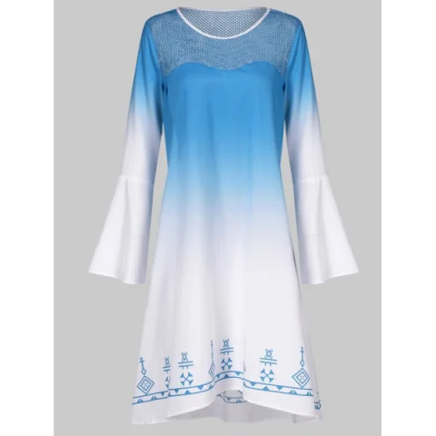 Bell Sleeve Ombre Color Dress - Deep Sky Blue Fansmadedirect