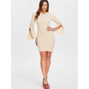 Bell Slleve Casual Fitted Dress - Light Khaki Fansmadedirect