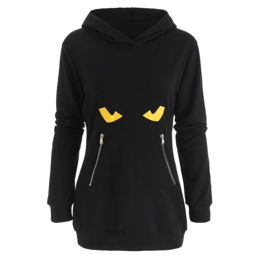 Black Cat Hoodie with Zipper Kangaroo Pocket - Black Fansmadedirect