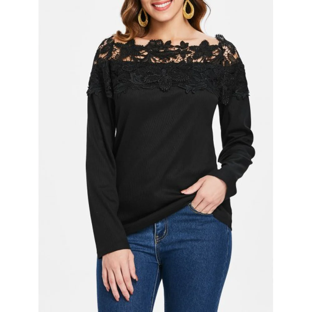 Boat Neck Lace Panel Top - Black Fansmadedirect