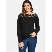 Boat Neck Lace Panel Top - Black Fansmadedirect