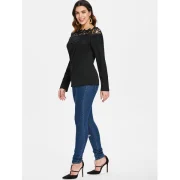 Boat Neck Lace Panel Top - Black Fansmadedirect