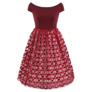 Boat Neck Lace Panel Vintage Dress - Red Wine Fansmadedirect
