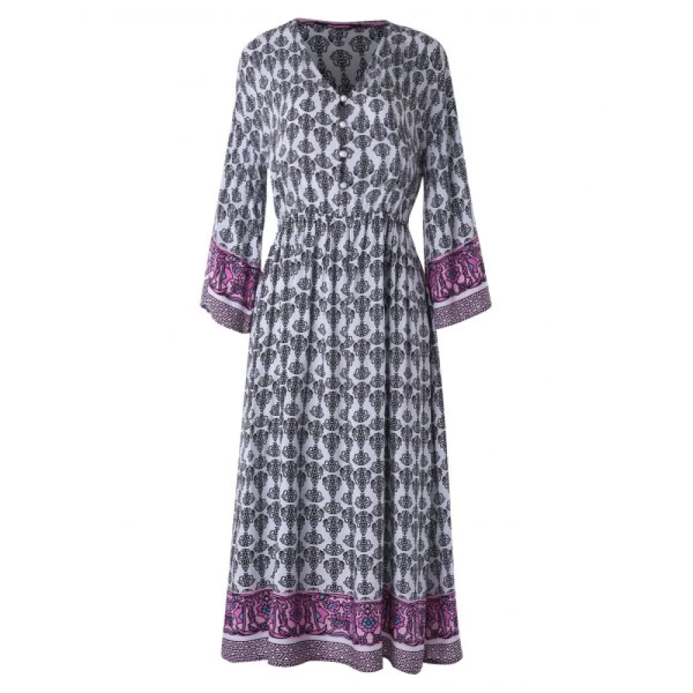 Bohemia Print Half Button Midi Dress - Fansmadedirect