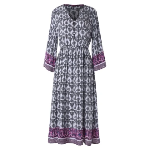 Bohemia Print Half Button Midi Dress - Fansmadedirect