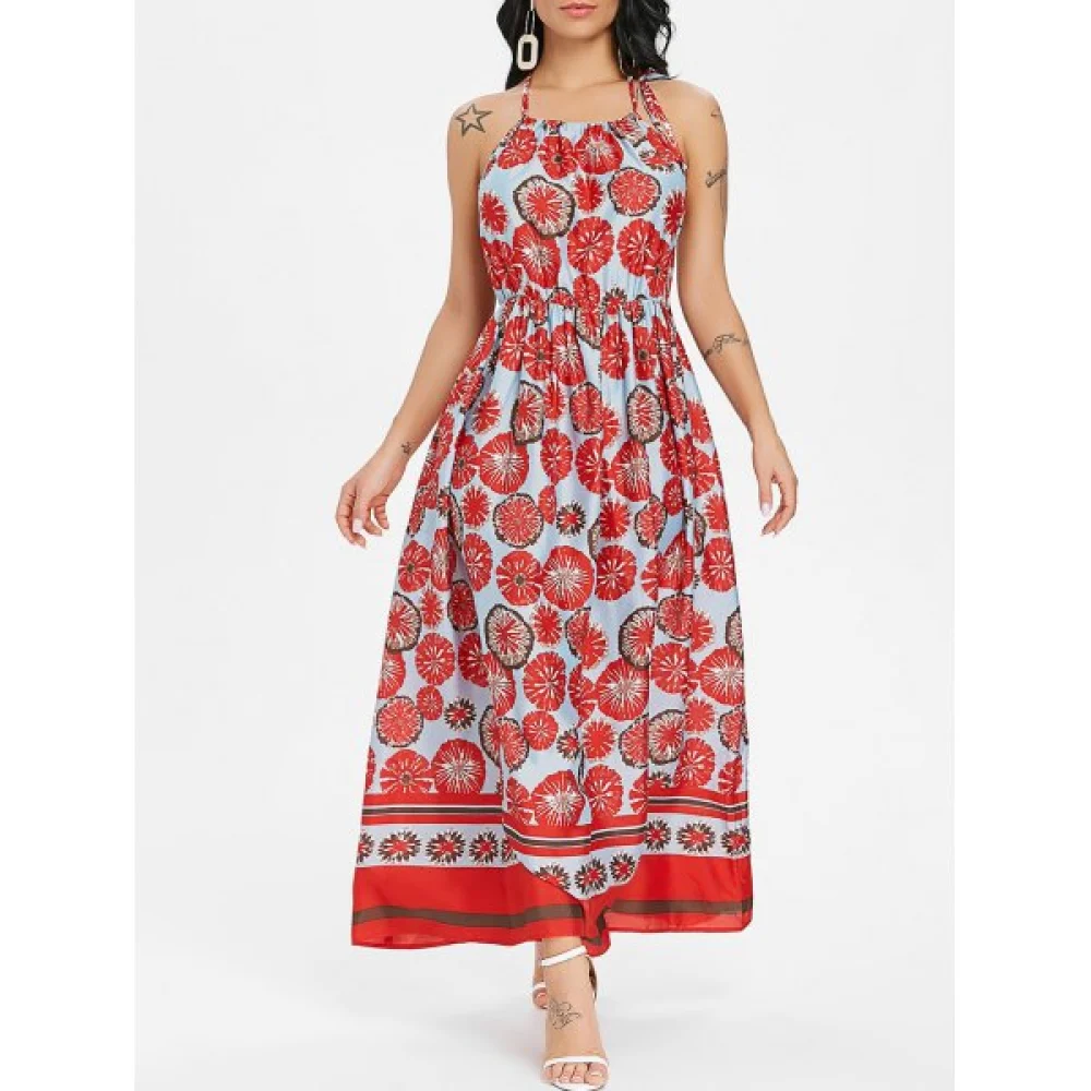 Bohemian Printed Cut Out Maxi Dress - Chestnut Red Fansmadedirect