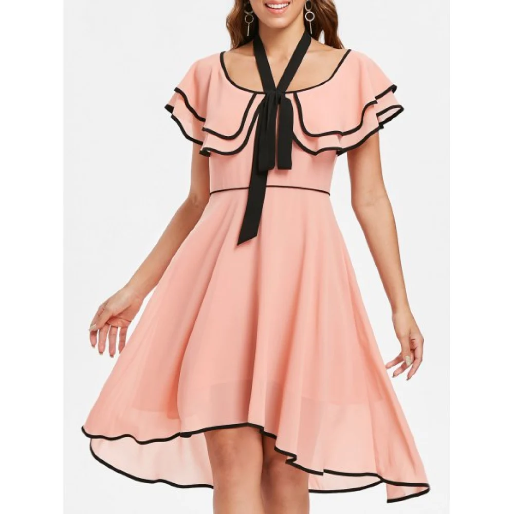 Bowknot Short Sleeve Asymmetrical Dress - Pink Bubblegum Fansmadedirect