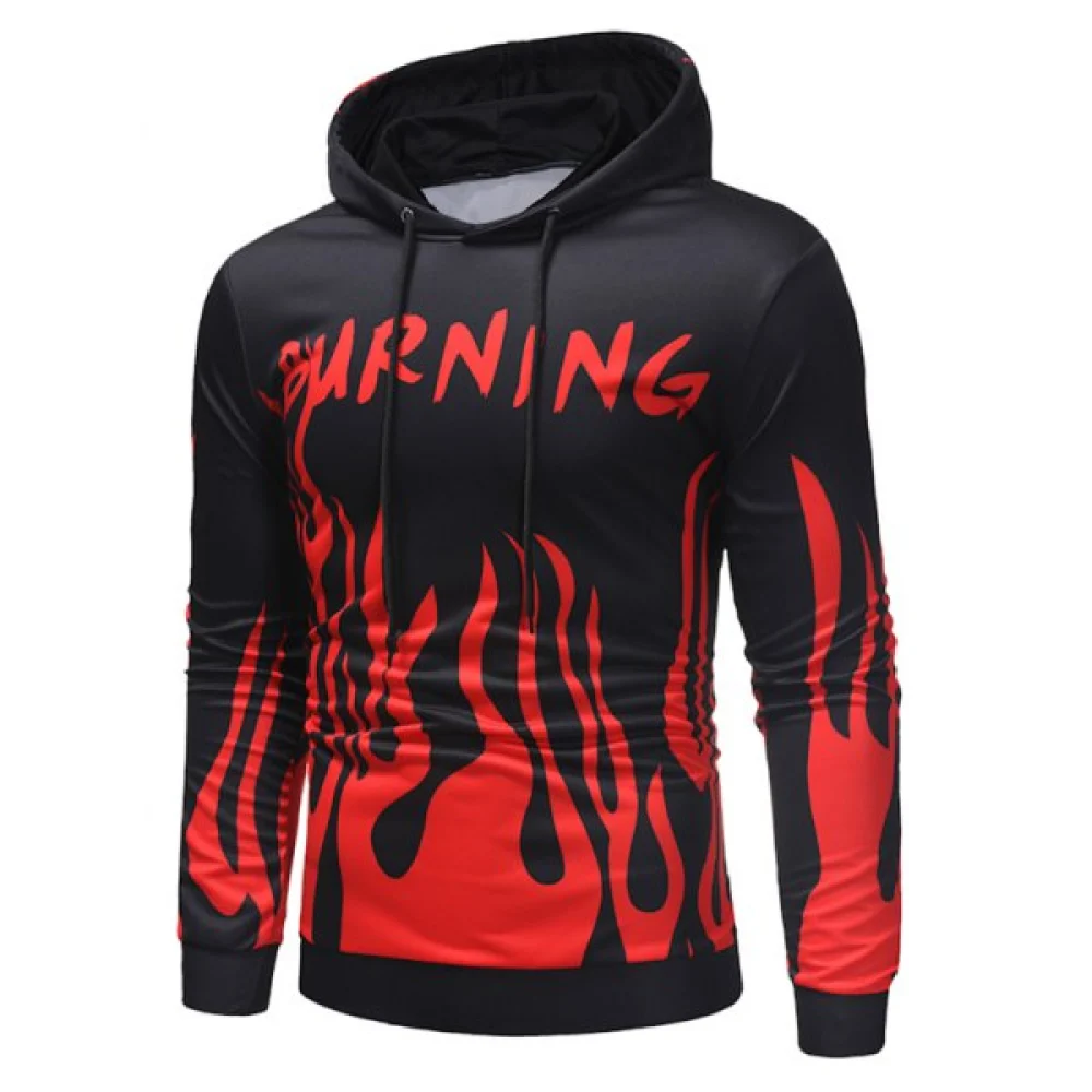 Burning Printed Pullover Hoodie - Black Fansmadedirect