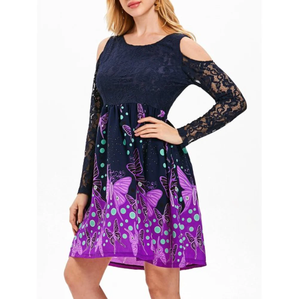 Butterflies Long Sleeve Lace Trim Dress - idnight Blue Fansmadedirect