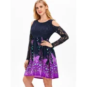 Butterflies Long Sleeve Lace Trim Dress - idnight Blue Fansmadedirect