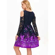 Butterflies Long Sleeve Lace Trim Dress - idnight Blue Fansmadedirect