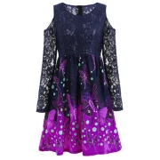 Butterflies Long Sleeve Lace Trim Dress - idnight Blue Fansmadedirect