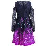 Butterflies Long Sleeve Lace Trim Dress - idnight Blue Fansmadedirect