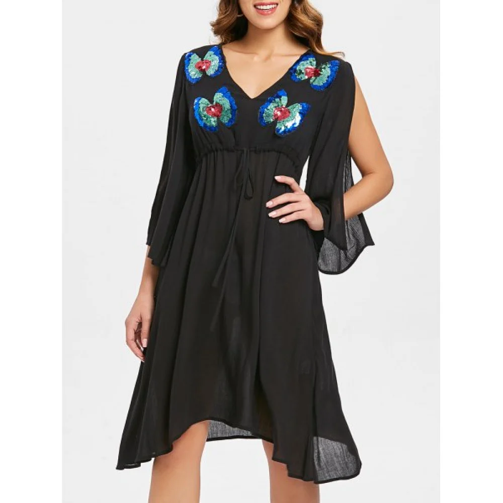 Butterflies Sequined Split Sleeve Chiffon Dress - Black Fansmadedirect