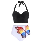 Butterfly Print Underwire Push Up Bikini Swimsuit - Black Fansmadedirect