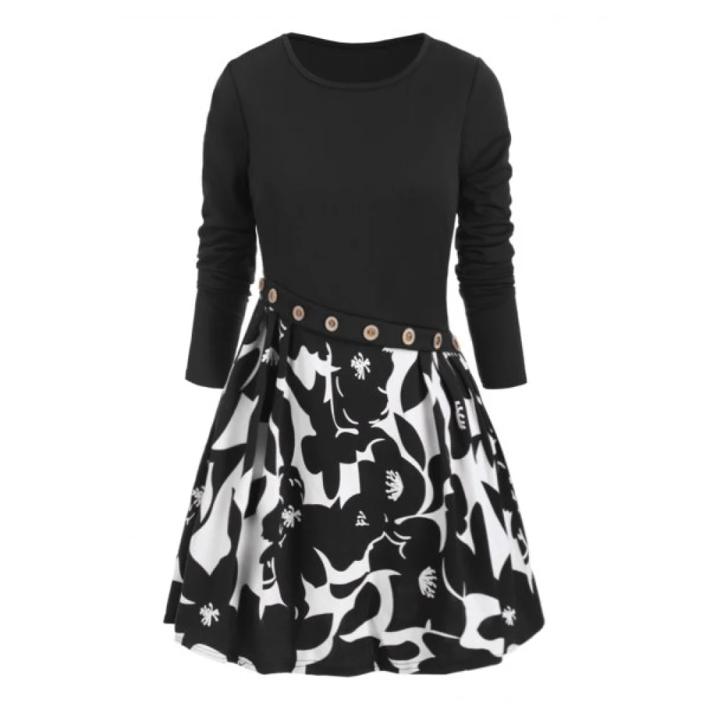 Button Embellished Floral Longline T-shirt - Black Fansmadedirect