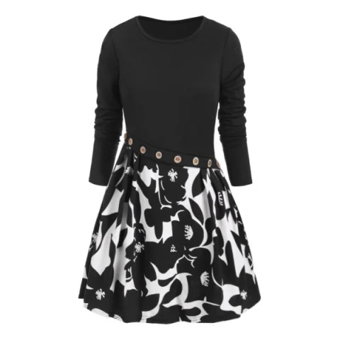 Button Embellished Floral Longline T-shirt - Black Fansmadedirect