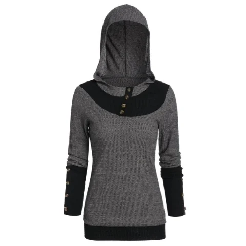 Button Embellished Hooded Contrast Ribbed Knitwear - Ash Gray Fansmadedirect
