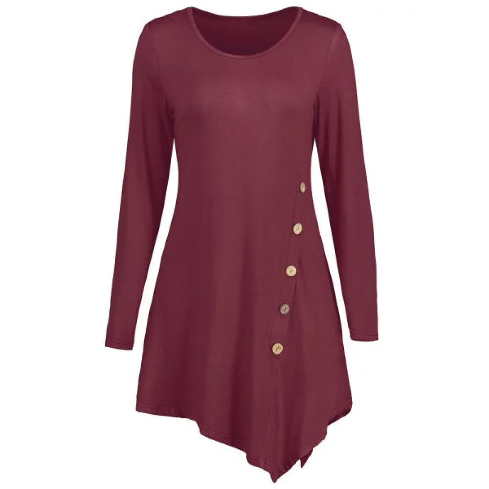 Button Embellished Longline Asymmetrical T-shirt - Wine Red Fansmadedirect