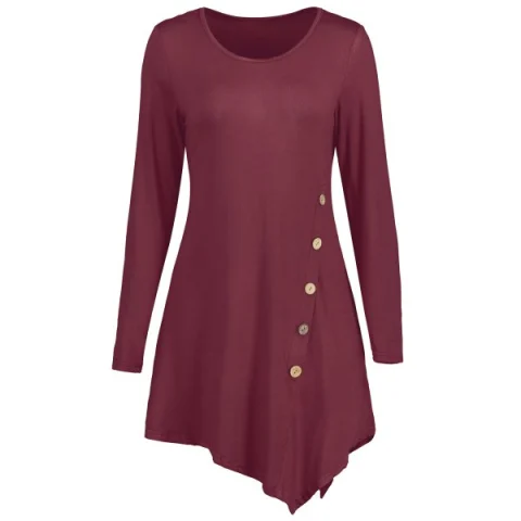 Button Embellished Longline Asymmetrical T-shirt - Wine Red Fansmadedirect