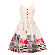 Button Floral Building Print A Line Dress - Apricot Fansmadedirect