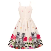 Button Floral Building Print A Line Dress - Apricot Fansmadedirect