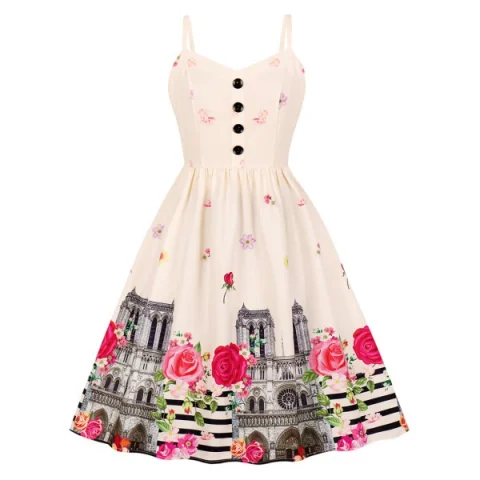 Button Floral Building Print A Line Dress - Apricot Fansmadedirect