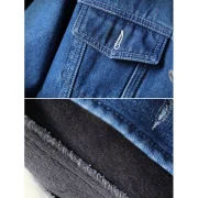 Button Fly Turn-down Collar Fleece Denim Jacket - Denim Dark Blue Fansmadedirect