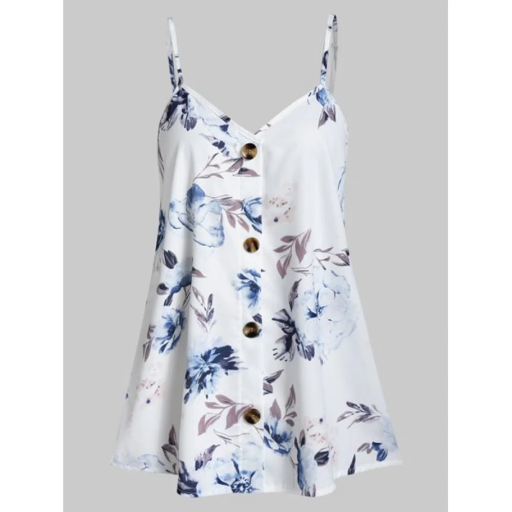 Button Spaghetti Strap Ditsy Print Tank Top - White Fansmadedirect