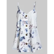 Button Spaghetti Strap Ditsy Print Tank Top - White Fansmadedirect