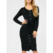 Button Up Long Sleeve Dress with Belt - Black Fansmadedirect