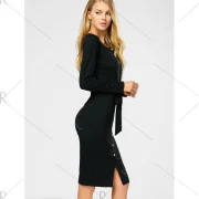 Button Up Long Sleeve Dress with Belt - Black Fansmadedirect