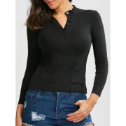 Button Up Ribbed Long Sleeve Fitted T-Shirt - Black Fansmadedirect