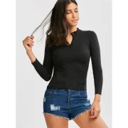 Button Up Ribbed Long Sleeve Fitted T-Shirt - Black Fansmadedirect
