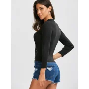 Button Up Ribbed Long Sleeve Fitted T-Shirt - Black Fansmadedirect