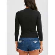 Button Up Ribbed Long Sleeve Fitted T-Shirt - Black Fansmadedirect