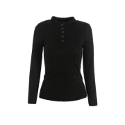 Button Up Ribbed Long Sleeve Fitted T-Shirt - Black Fansmadedirect