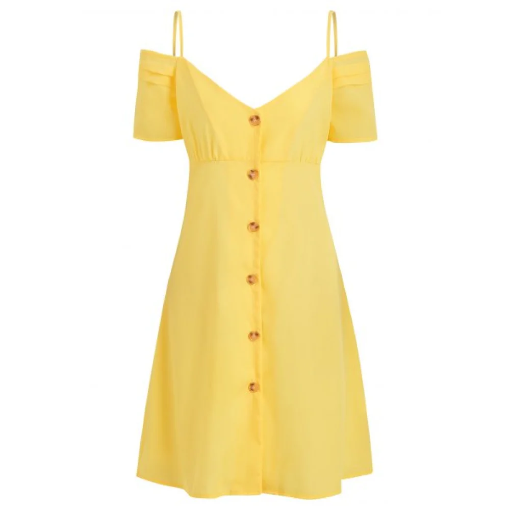Button Up Spaghetti Strap Cold Shoulder ini Dress - Yellow Fansmadedirect